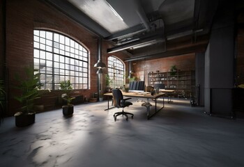 Aufkleber - A contemporary office with a large arched window, exposed brick walls, and a wooden desk with two computers.