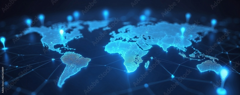 Abstract digital map with glowing location pins on a blue background ...