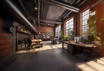 Aufkleber - Modern office space with exposed brick walls, large windows, and industrial-style pipes.