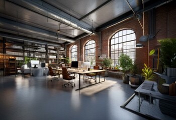 Aufkleber - A modern industrial office space features large windows, exposed brick walls, and a minimalist work area.