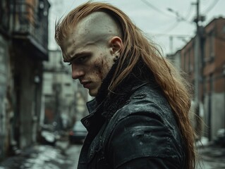 Man with an edgy skullet haircut in a gritty urban setting, featuring a shaved top and long flowing hair at the back, set against a blurred industrial background with moody lighting
