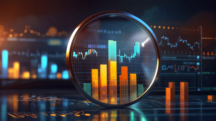 Magnifying glass search of investing and stock market over a graph chart background.Ai generative illustration.