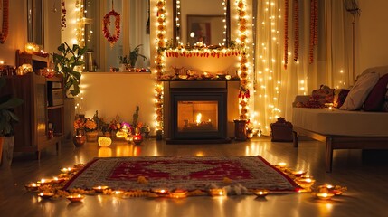 A festive home interior adorned with Diwali decorations, lights, and garlands, ready for celebration.