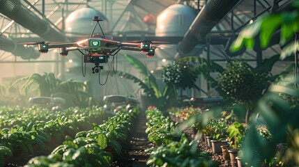 Aufkleber - Drones and sensors equipped with AI monitor crops in a high-tech farm, enhancing agricultural practices and maximizing yield potential. Generative AI