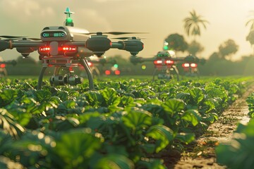 Aufkleber - Drones equipped with sensors actively monitor crops, enhancing efficiency in modern farming through AI technology during golden hour. Generative AI
