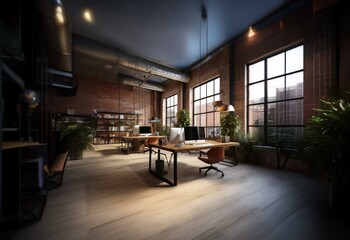 Aufkleber - A modern office space with exposed brick walls and large windows overlooking a city.