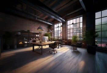 Aufkleber - Modern industrial loft office space with large windows, brick walls, and a wooden desk.