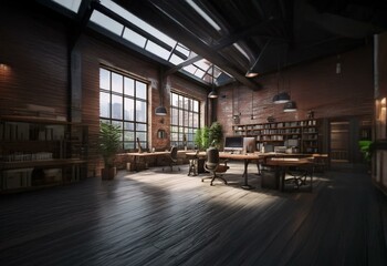 Aufkleber - A modern loft office space features exposed brick walls, large windows, and wooden desks.