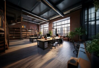 Aufkleber - Modern office space with exposed brick walls, large windows and a view of the city.