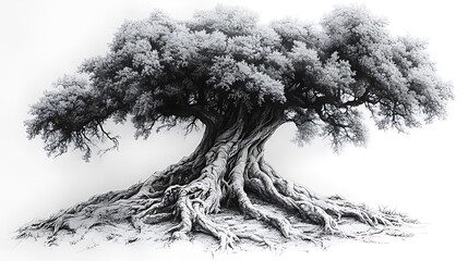 A large, ancient tree with a thick trunk and sprawling branches, its roots extending out from the ground.