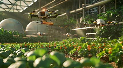 Aufkleber - Drones and sensors actively monitor crop health and optimize farming practices on a high-tech agricultural farm equipped with AI. Generative AI