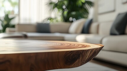 A close-up view of the live edge on a wooden table, highlighting organic texture in a minimalist modern living room designed with generative AI.