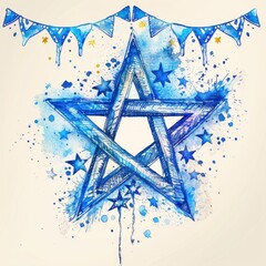 Artistic blue Penrose star with watercolor effects and festive banner