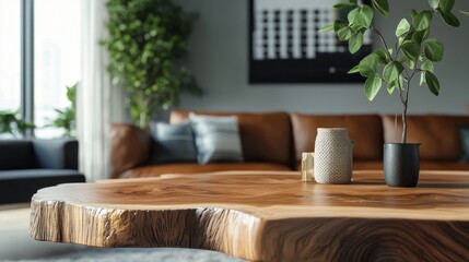 A close-up view of the live edge on a wooden table, highlighting organic texture in a minimalist modern living room designed with generative AI.