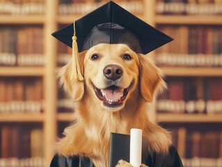 Cheerful dog wearing a graduation cap holds a diploma, symbolizing achievement and joy in learning and education.