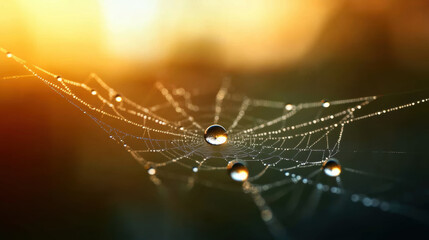 Dewdrops glisten on delicate spider web, capturing warm glow of sunlight in serene and enchanting scene. intricate details of web create mesmerizing visual