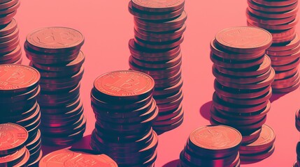 Stacks of U.S. one-cent coins arranged on a modern duotone background with contrasting colors, showcasing financial themes of savings, investment, and currency