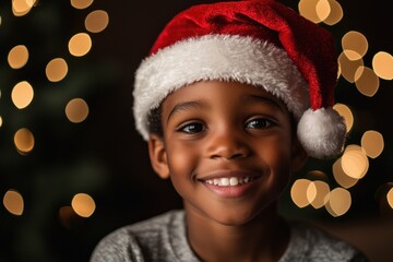 Smiling boy in Santa hat with bokeh Christmas lights in the background Generative AI