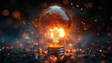 Canvas Print - A glowing light bulb with sparks flying around it on a dark background.