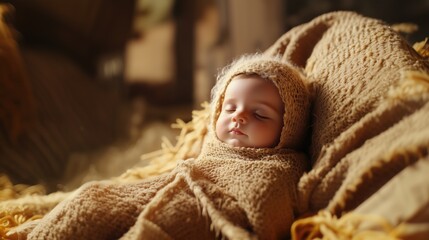 A serene nativity scene of baby Jesus peacefully sleeping in a manger, bathed in warm light, with a glowing star symbolizing the birth of Christ