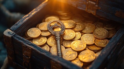 An old key lays on top of a treasure chest full of gold coins. The chest is open and the coins are illuminated by a warm light.