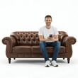 © elwa - A casually dressed man sitting on a modern blue sofa, holding a smartphone and smiling, with a plain white background. Ideal for tech, lifestyle, and home decor themes