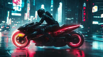 Wall Mural - a futuristic motorcycle with glowing wheels and tail lights races through a cyberpunk city in the ra