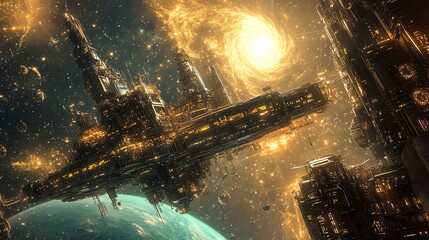 Wall Mural - a massive, intricate spaceship hovers over a planet, with a swirling nebula in the background.