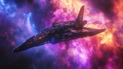 Wall Mural - a futuristic spaceship flies through a colorful nebula in space.
