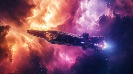 Wall Mural - a futuristic spaceship flies through a colorful nebula.