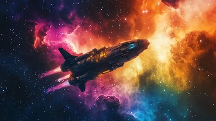 Wall Mural - a sleek, futuristic spaceship flies through a colorful nebula, surrounded by stars.