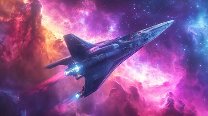 Wall Mural - a sleek spaceship flies through a vibrant nebula.