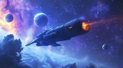 Wall Mural - futuristic spaceship flying through the vastness of space, leaving a trail of fire behind it.