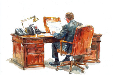 A professional man sitting at a polished wooden desk, engaged in reviewing documents, surrounded by office equipment.