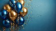 © Ansa - Holiday background with golden and blue metallic balloons, confetti and ribbons. Festive card for birthday party, anniversary, new year, christmas or other events. Created with generative ...