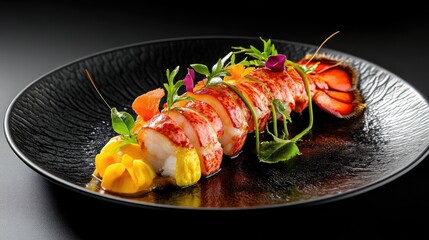 Wall Mural - An elegant lobster tail dish on a black plate, with vibrant garnishes and gourmet presentation, perfect for a luxurious dining setting.