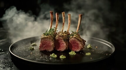 Wall Mural - Herb-crusted rack of lamb, plated with precision on a sleek black dish, exuding elegance and refined culinary artistry.