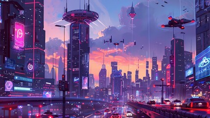 Leinwandbilder - In a lively futuristic city, self-driving vehicles navigate smart roads illuminated by advanced traffic lights and drones overhead. Generative AI