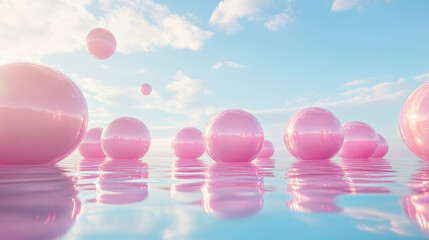 Abstract fantasy background with pink balloons floating on the glossy reflective water surface and in the air, soft diffused daylight, blue sky with Cumulus clouds aesthetic landscape background. 