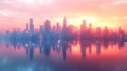 Wall Mural - A panoramic view of a modern city skyline with tall skyscrapers reflecting in the water at sunset.