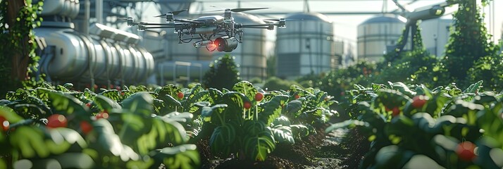 Aufkleber - Drones and robots equipped with sensors analyze and manage crops in a modern agricultural setting, enhancing farming efficiency. Generative AI