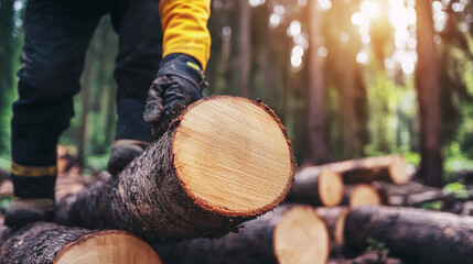 Harvesting timber in forest. Forester works with timber.