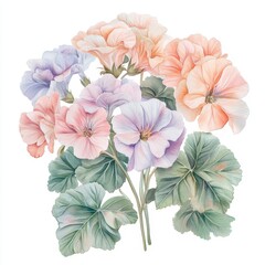 Wall Mural - a colorful bouquet of geranium flowers with lush green leaves, showcasing botanical beauty.