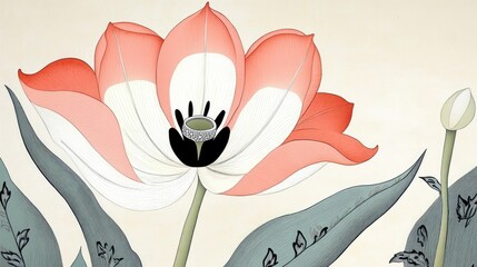 Wall Mural - close up of a tulip with a silver ring on a light background