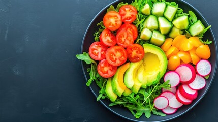 Close up of a vibrant salad featuring tomatoes arugula radish and avocado dressed with spices or olive oil against a textured dark gray backdrop with ample copy space