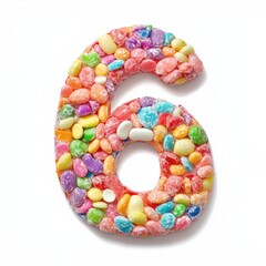 A colorful number six made of assorted candies, showcasing a playful, sweet design.