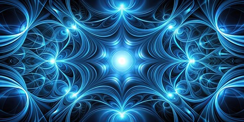 Wall Mural - symmetrical abstract swirling background in shades of blue and black with glowing light patterns