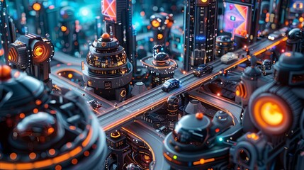Poster - A bustling futuristic city features self-driving vehicles, intelligent traffic lights, drones, and advanced sensors illuminating the skyline. Generative AI