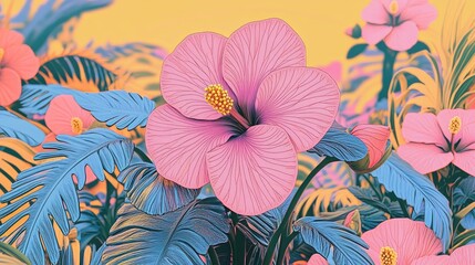  Blooming Fresh Pink Hibiscus Flowers in the Garden