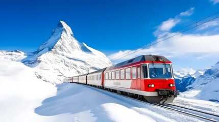 Wall Mural - A scenic train travels through snow-covered terrain with a majestic mountain backdrop under a clear blue sky.